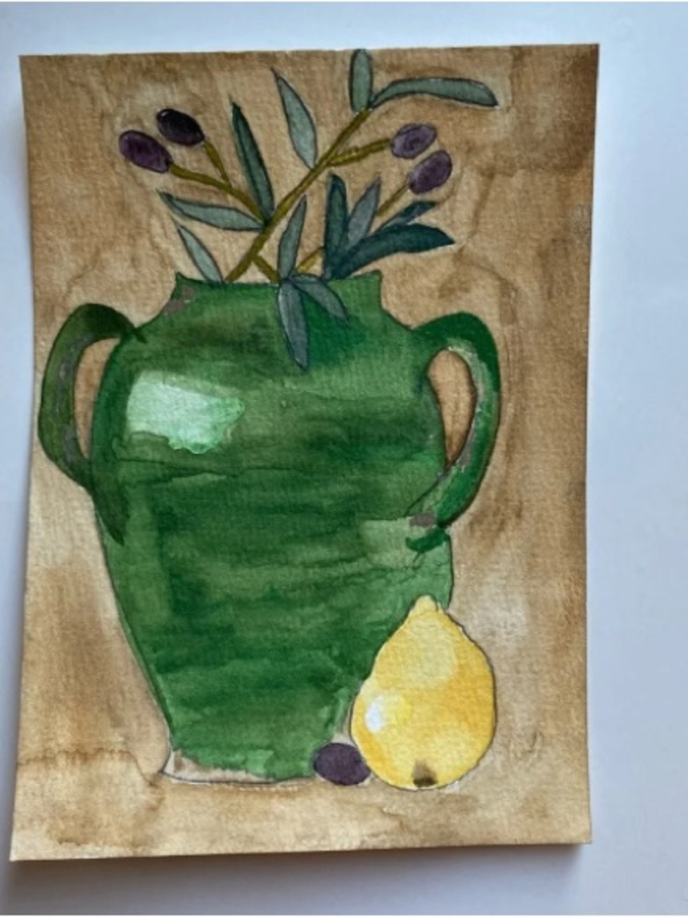 Green Vase With Olive Branches and Fruit Watercolor Painting